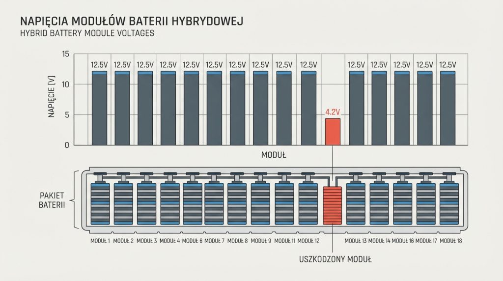 Płaska, redakcyjna infografika przedstawiająca uproszczony wykres słupkowy napięć kilkunastu modułów pakietu b