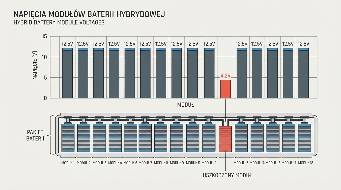 Płaska, redakcyjna infografika przedstawiająca uproszczony wykres słupkowy napięć kilkunastu modułów pakietu b