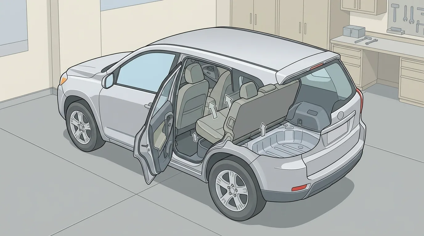 Kompaktowy SUV w garażu z uniesioną tylną kanapą i widocznym miejscem pod siedzeniem