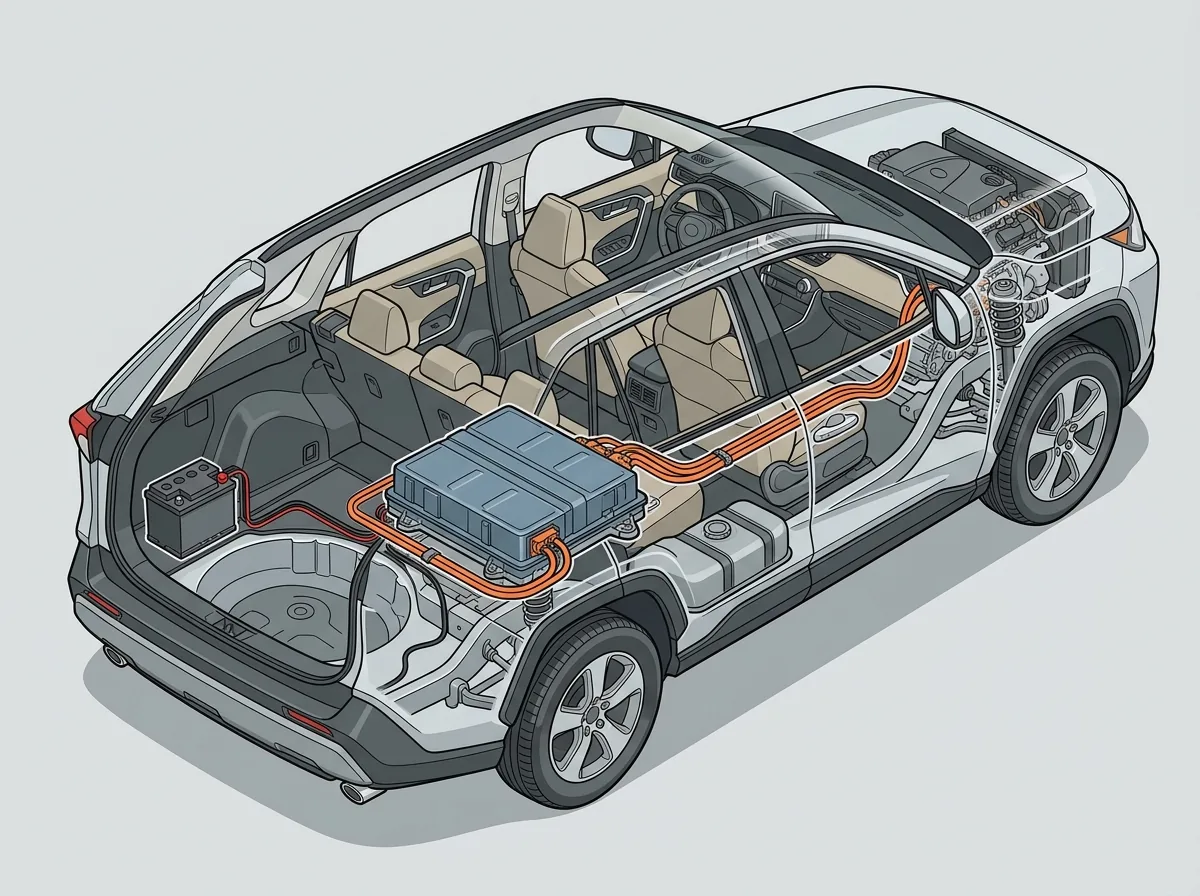 Toyota RAV4 Hybrid z pakietem wysokiego napięcia pod tylną kanapą i akumulatorem 12 V pod maską